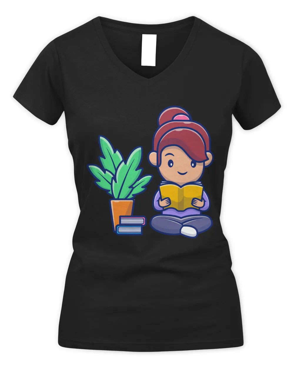 Cute Girl Reading Book Cartoon Shirt Women's V-Neck T-Shirt black s